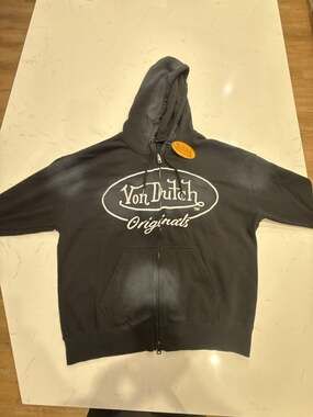 Von Dutch Originals Flame Logo Zip Up Fleece Hoodie Black Large